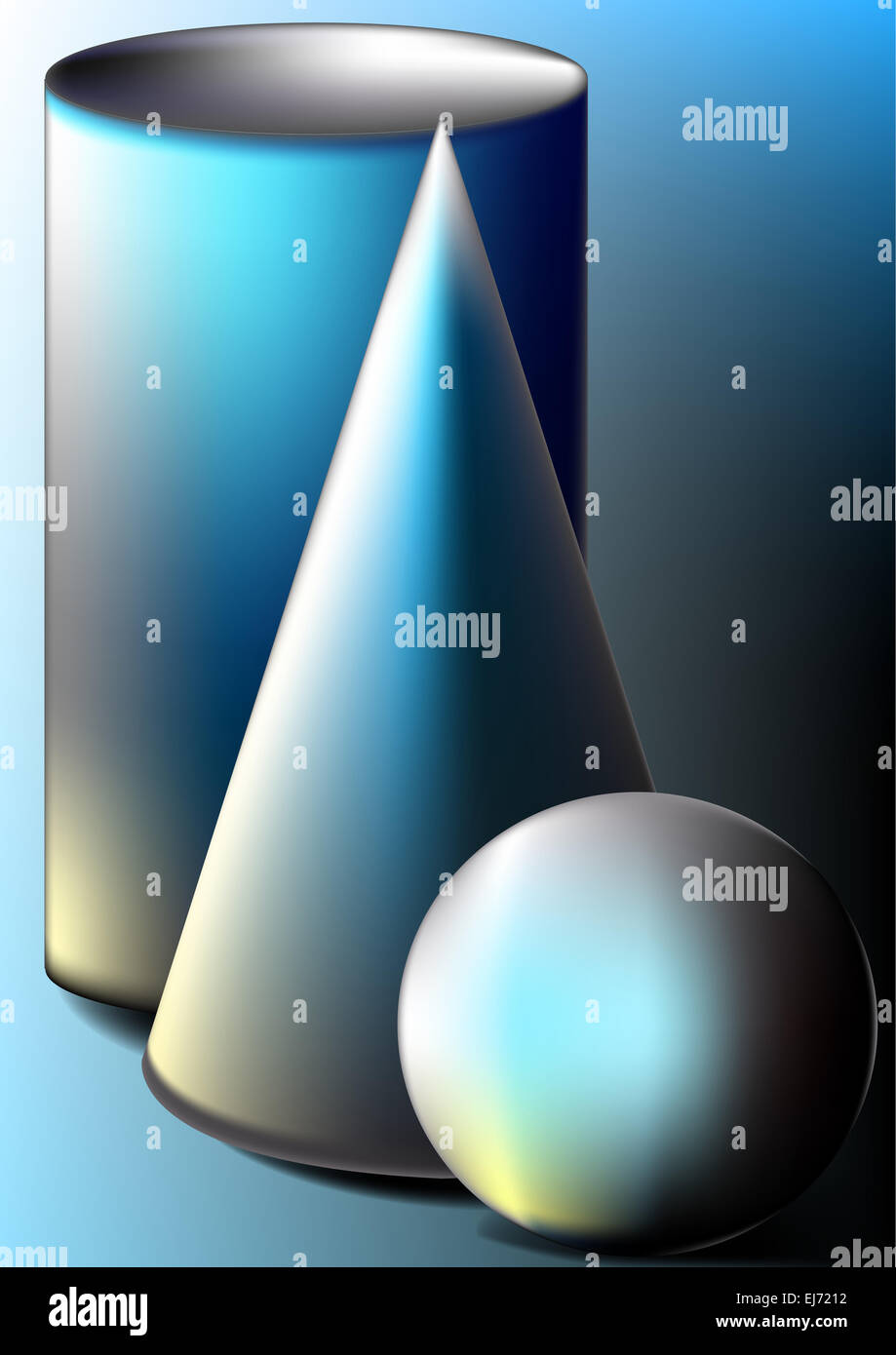 Forme geometriche-sphere, cono, cilindro sullo sfondo Foto Stock