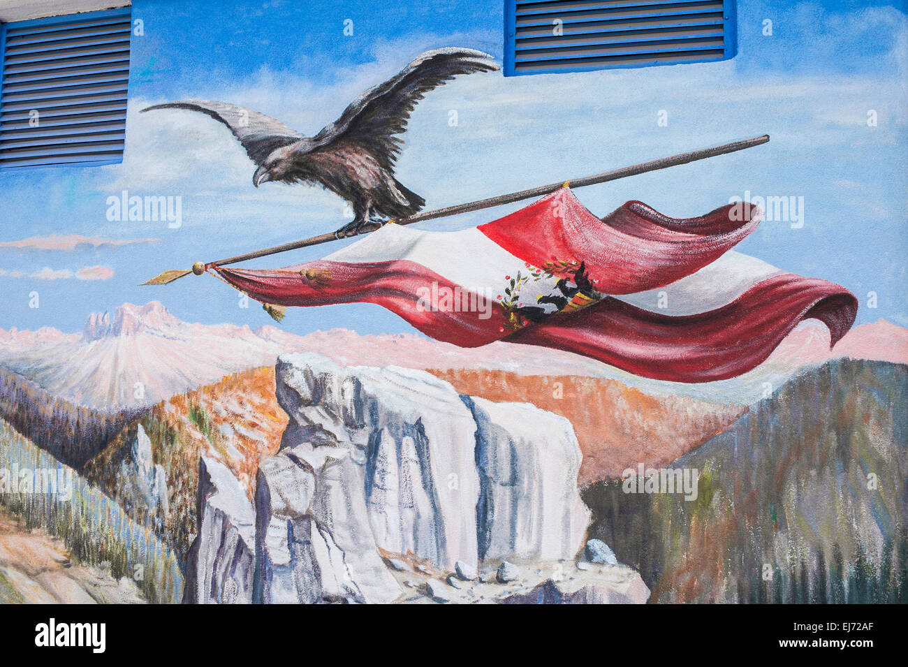 Hotel Dolomiti, murale, motif dell'Impero Austriaco, Canazei, Trentino-Alto Adige, Italia Foto Stock