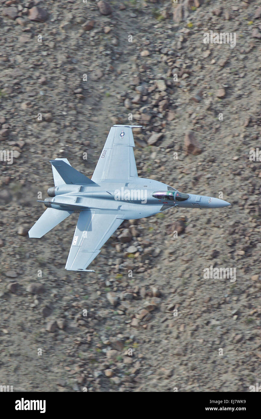 Close up di un US Navy F/A-18E Super Hornet jet fighter battenti a basso livello in un canyon del deserto. Foto Stock