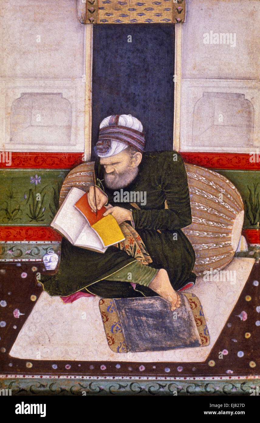 Un graffietto scrittore. Mughal pittura in miniatura circa 1600 A.D. India Foto Stock