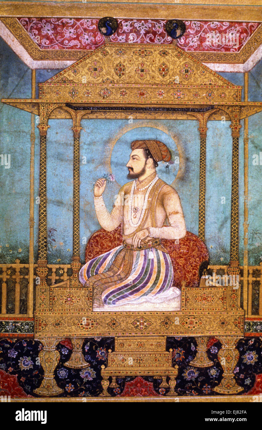 Shah Jahan sul trono di pavone. Mughal pittura in miniatura circa 1630 A.D. India Foto Stock