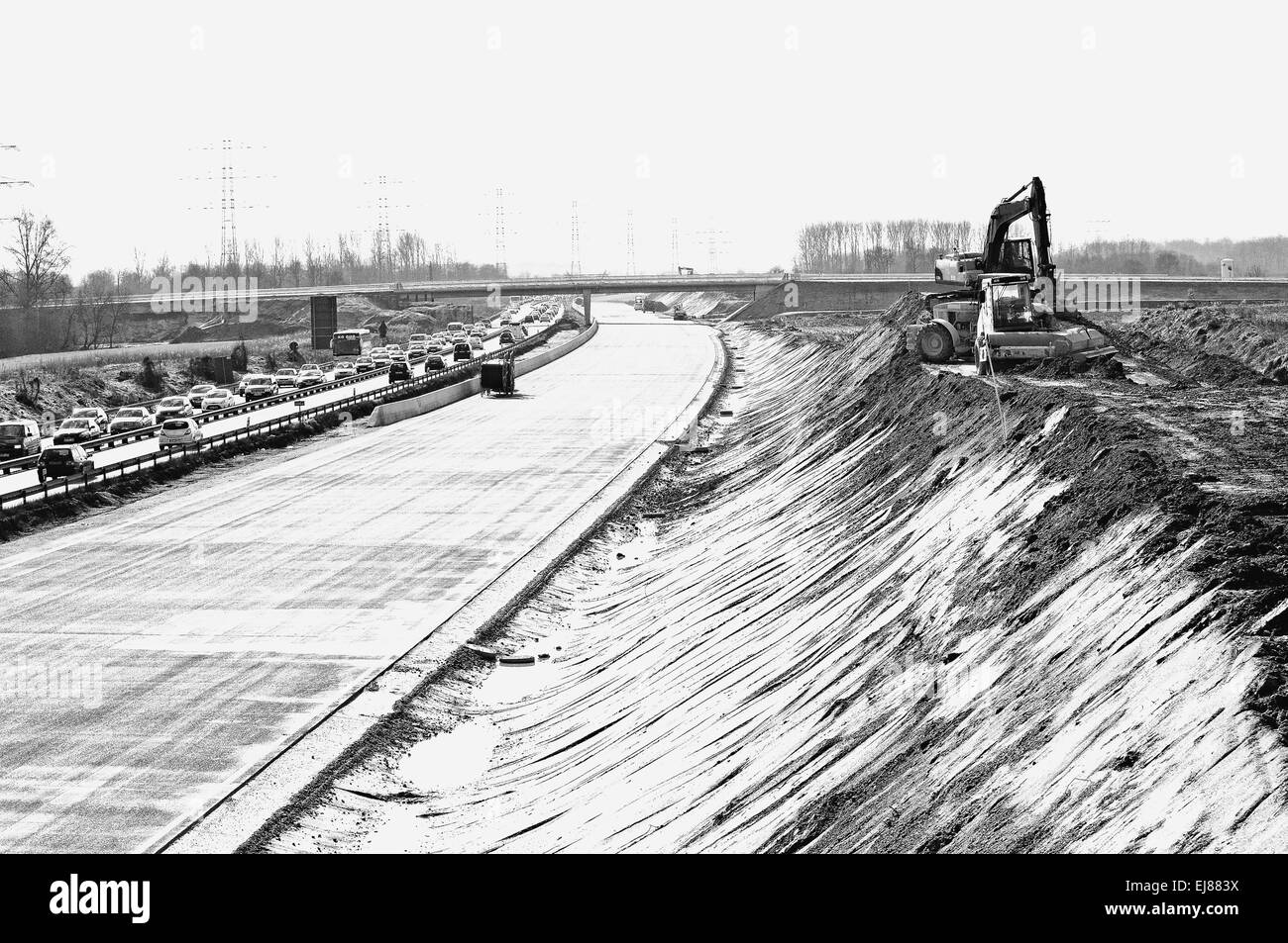 Autostrada costruzione Germania in bianco e nero Foto Stock