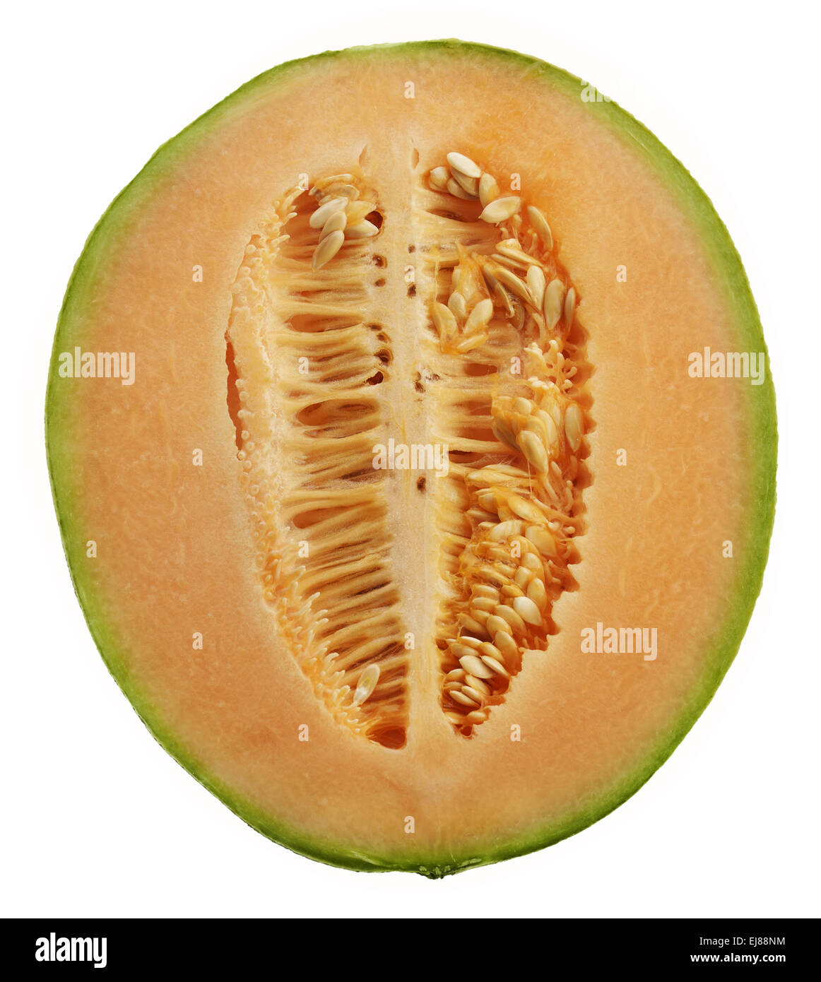 La metà di un arancione di melone Honeydew Foto Stock