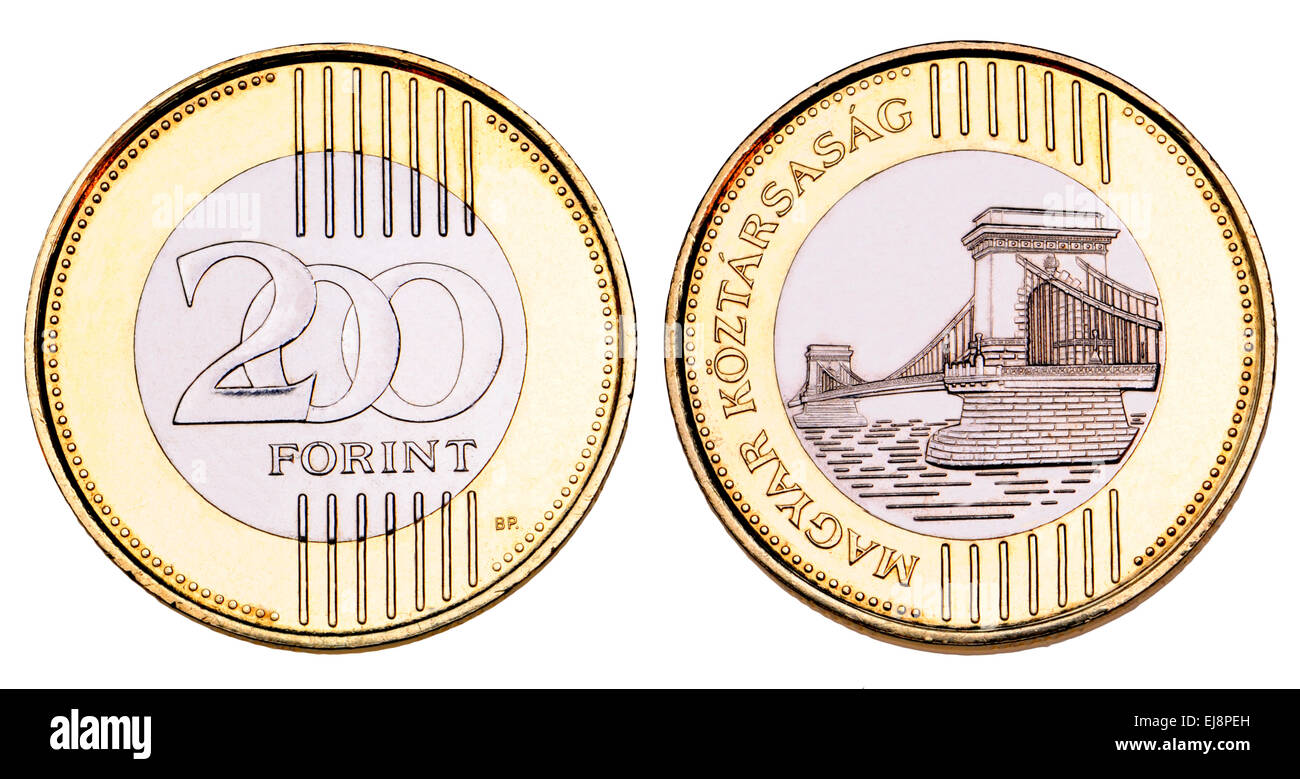 Bimetallico ungherese 200 forint moneta. Il Ponte delle catene a Budapest (retromarcia) Foto Stock