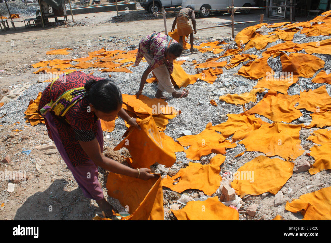 Dacca in Bangladesh. 23 Mar, 2015. Operaio del Bangladesh si asciuga in cuoio grezzi per un locale fabbrica di scarpe in una calda giornata estiva a Dhaka, nel Bangladesh, il 23 marzo 2015. Credito: Mamunur Rashid/Alamy Live News Foto Stock