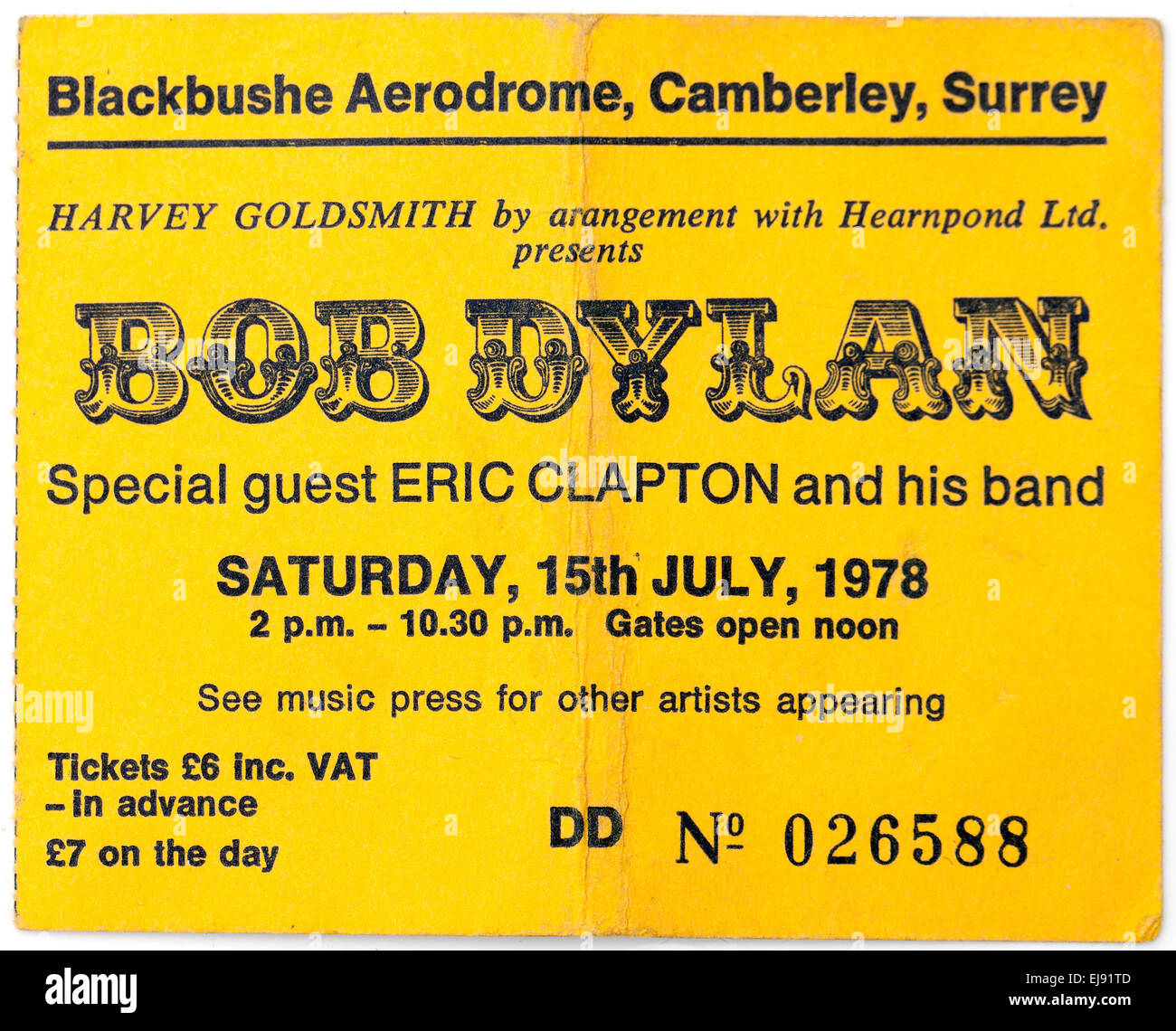 Concerto vintage o Gig Ticket stub per Bob Dylan a Blackbushe 1978 Foto Stock