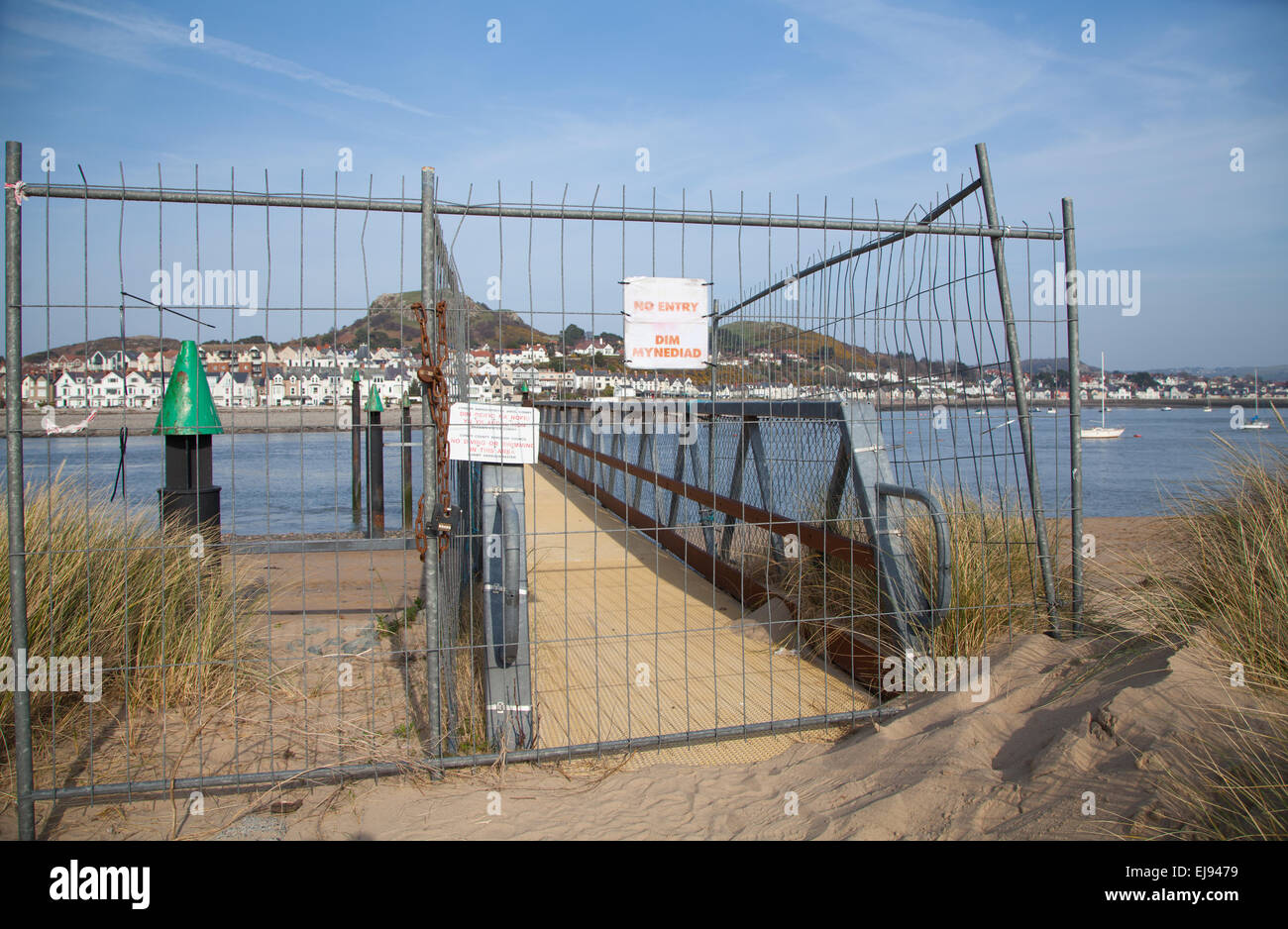 Maglia di filo recinzioni e cartelli di avvertimento attraverso un pontile in disuso a Conwy Harbour, il Galles del Nord a bassa marea e con Deganwy dietro Foto Stock