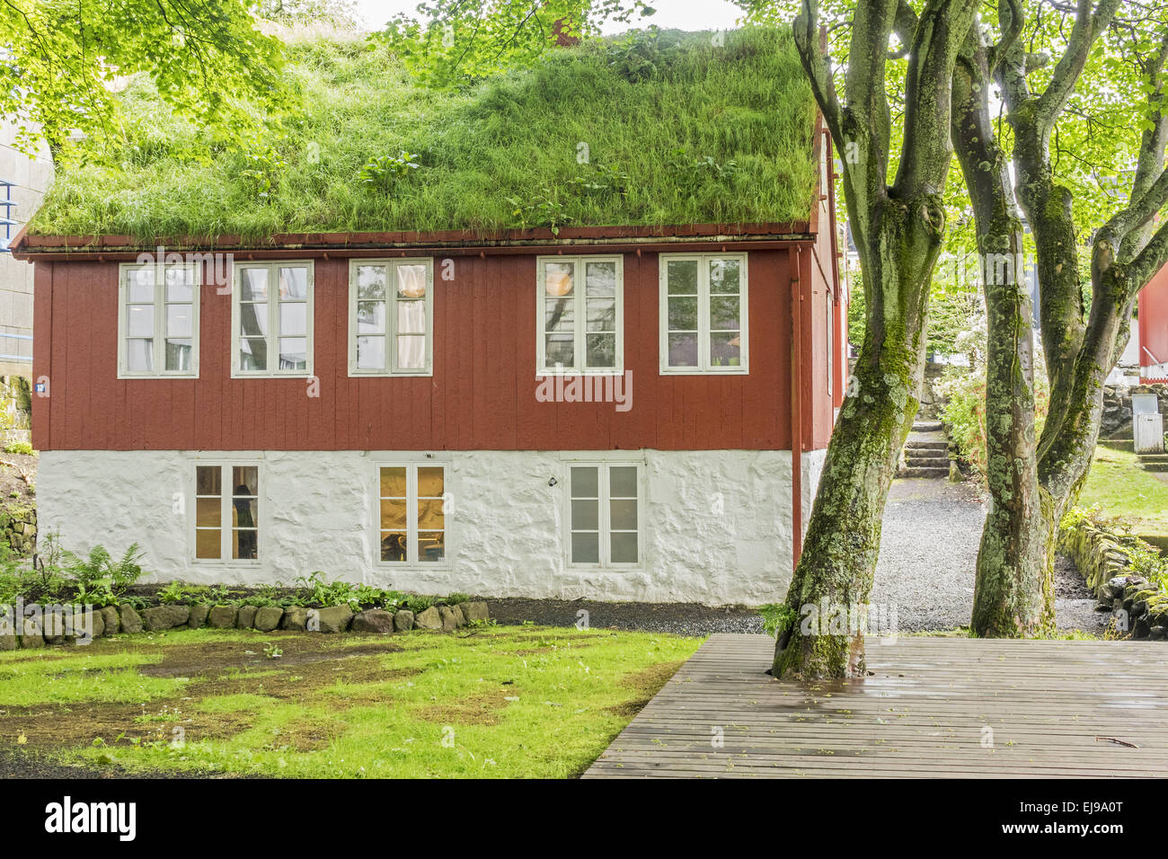 Erba casa dal tetto di Torshavn Isole Faerøer Foto Stock