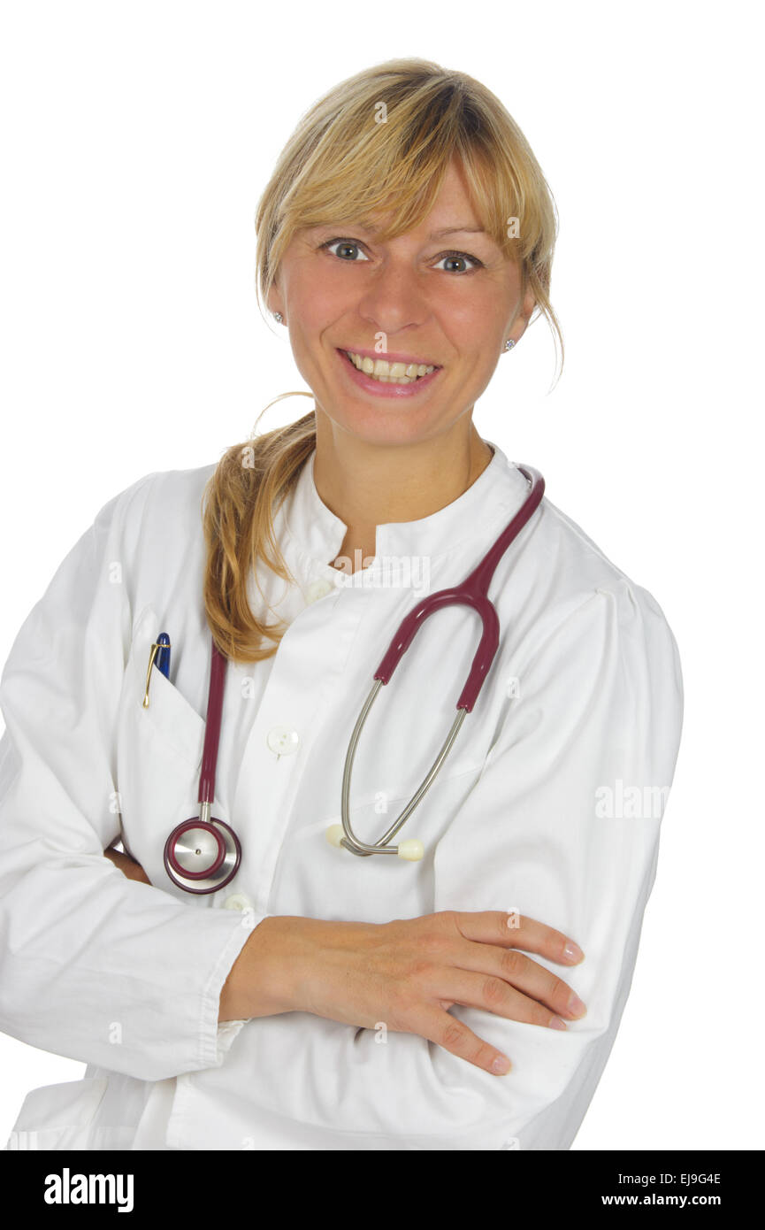 Medico donna mentre stetoscopio medicinali Foto Stock