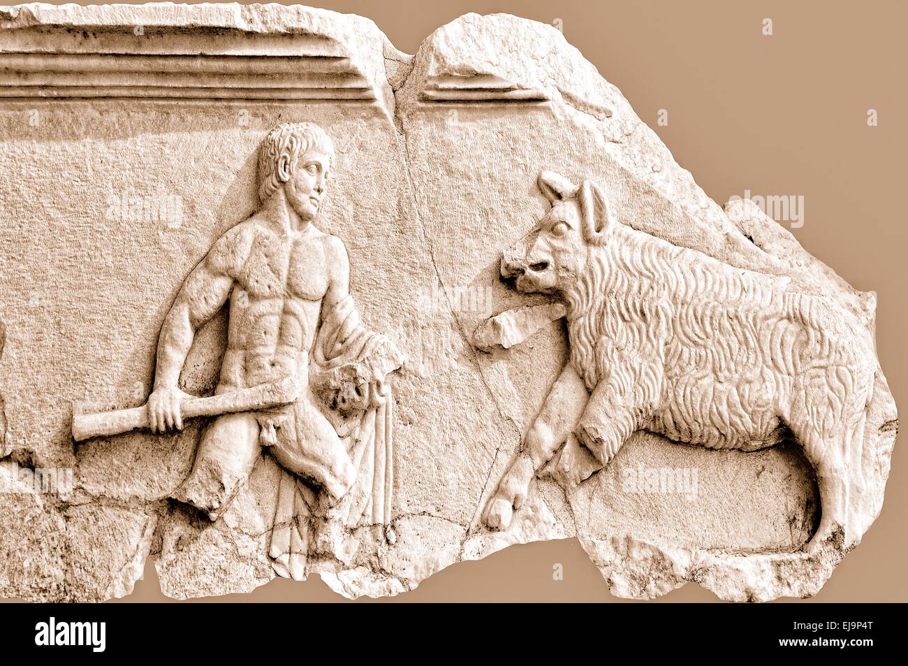 Lotta con il cinghiale Aphrodisias Turchia seppia Foto Stock