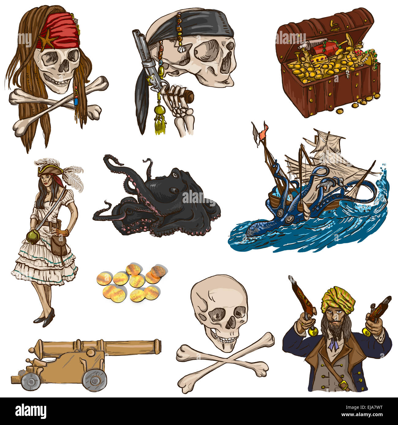 Pirati, Buccaneers e marinai - Collezione (colorata pack no.2) di un disegnati a mano illustrazioni. Dimensioni complete disegnati a mano illustrat Foto Stock