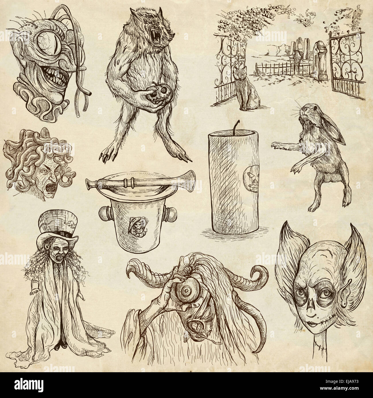 Halloween, mostri, Magic (e favole) - raccolta di un disegnati a mano illustrazioni. Descrizione: piena di dimensioni disegnata a mano ill Foto Stock
