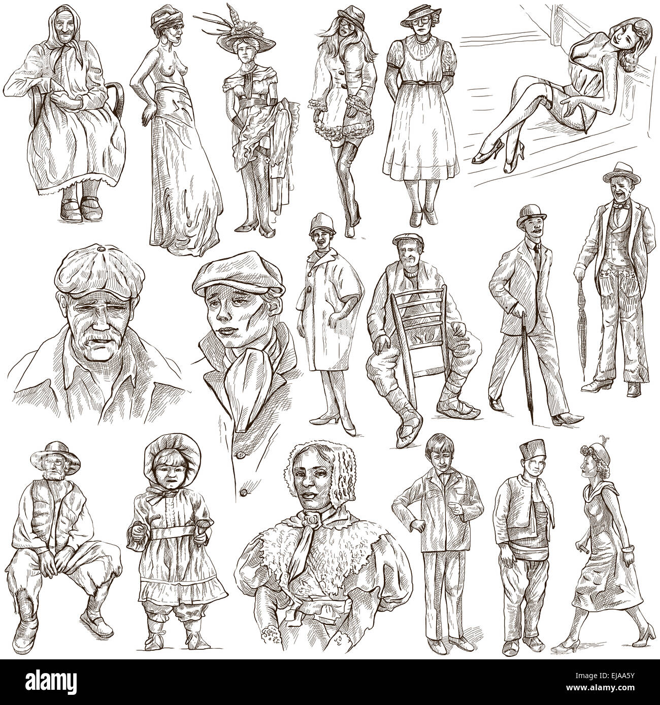 La moda tra gli anni 1870-1970. Raccolta di un disegnati a mano dimensioni complete illustrazioni (originali). Disegni su bianco backgro Foto Stock