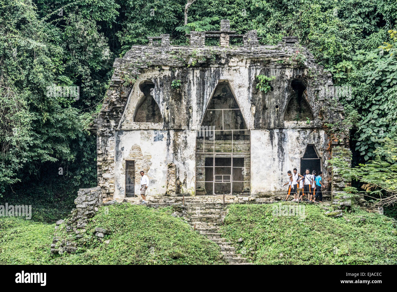 Tempio di Foliated Cross con facciata decaduti rivela la struttura interna dell'edificio Palenque zona archeologica Foto Stock