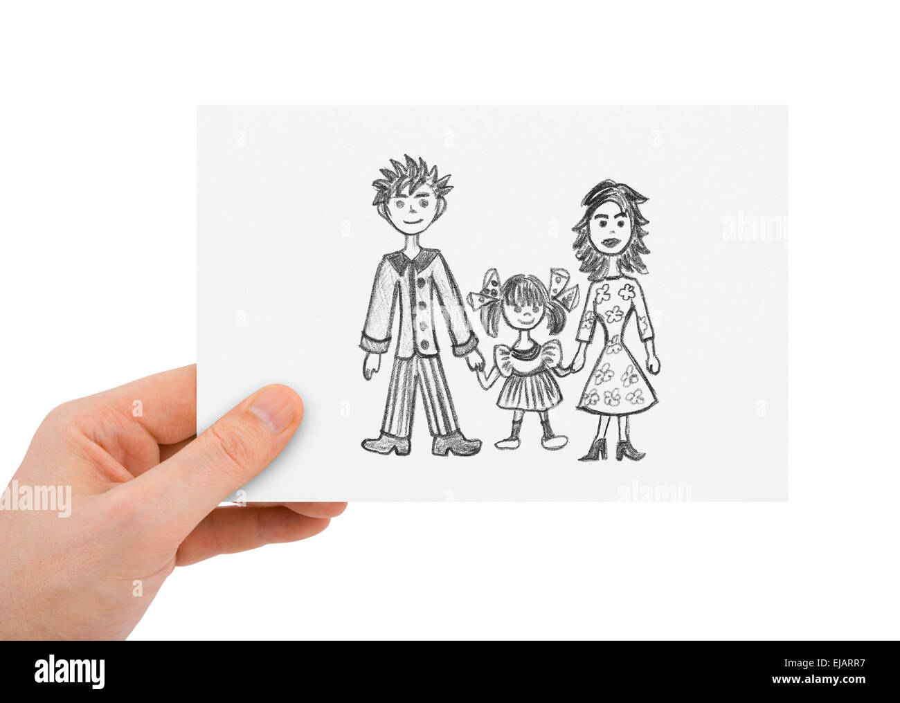 Mano con disegno famiglia felice Foto Stock