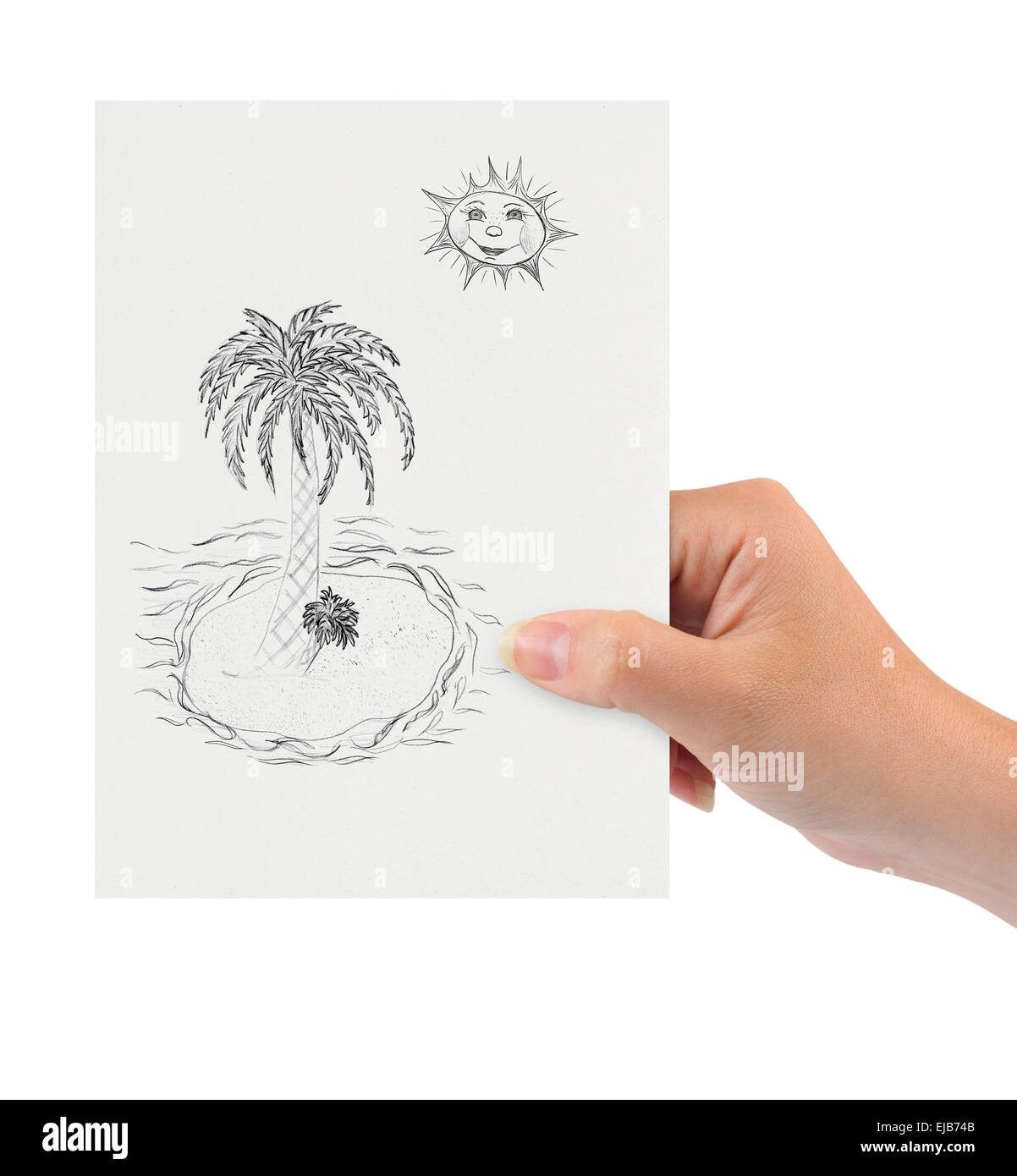 Mano con disegno isola tropicale Foto Stock
