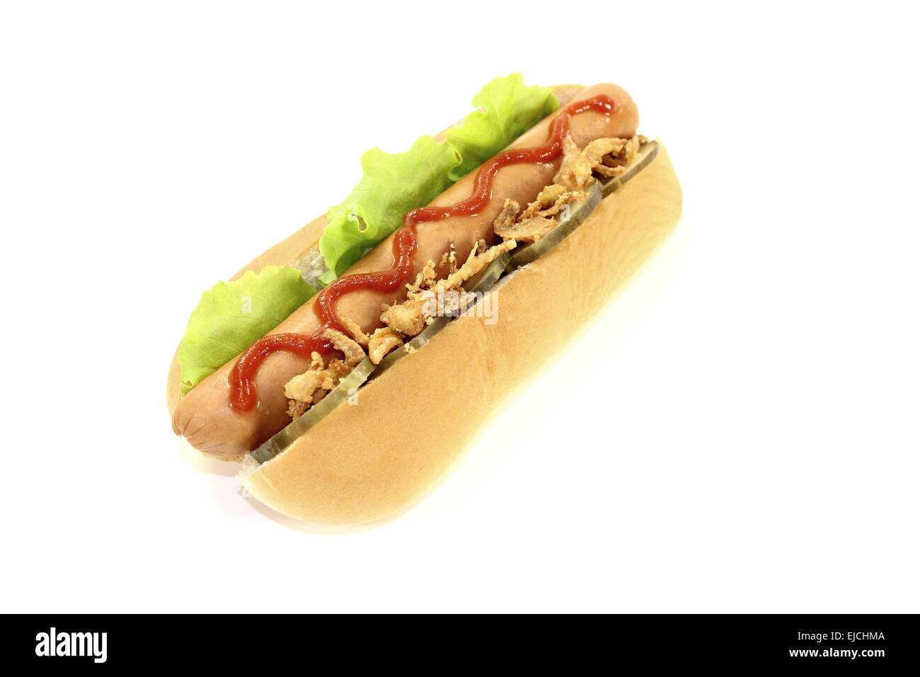 Hot Dog con cipolle fritte e ketchup Foto Stock