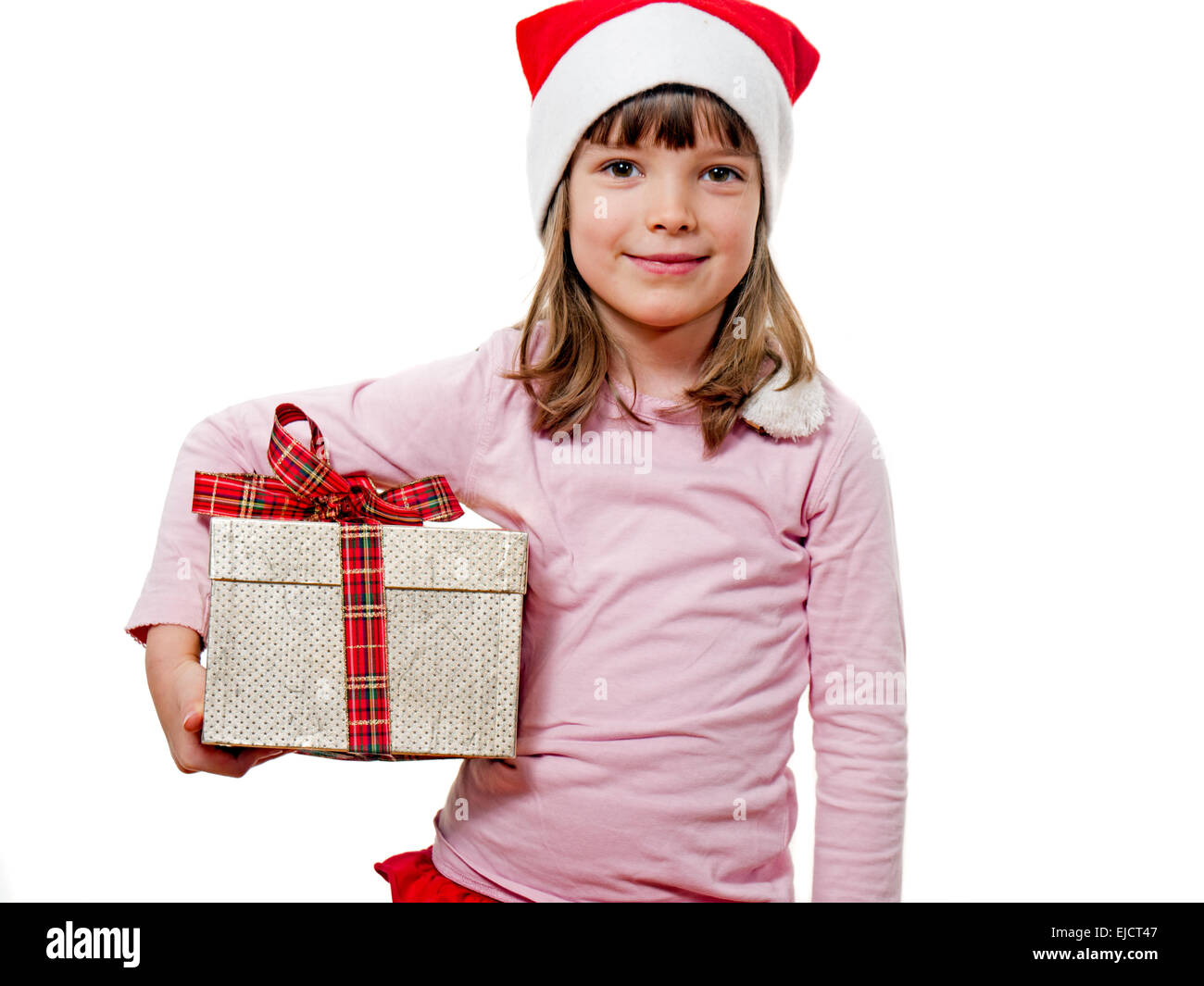 Bambino con Santa Claus hat holding dono Foto Stock