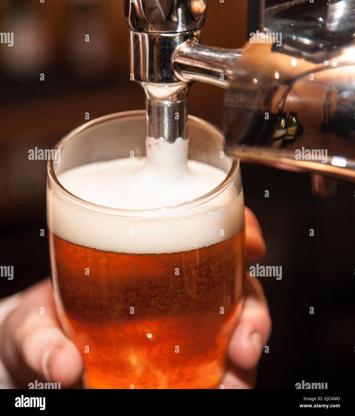 Una pinta di birra lager versata da una pompa in un pub Foto Stock