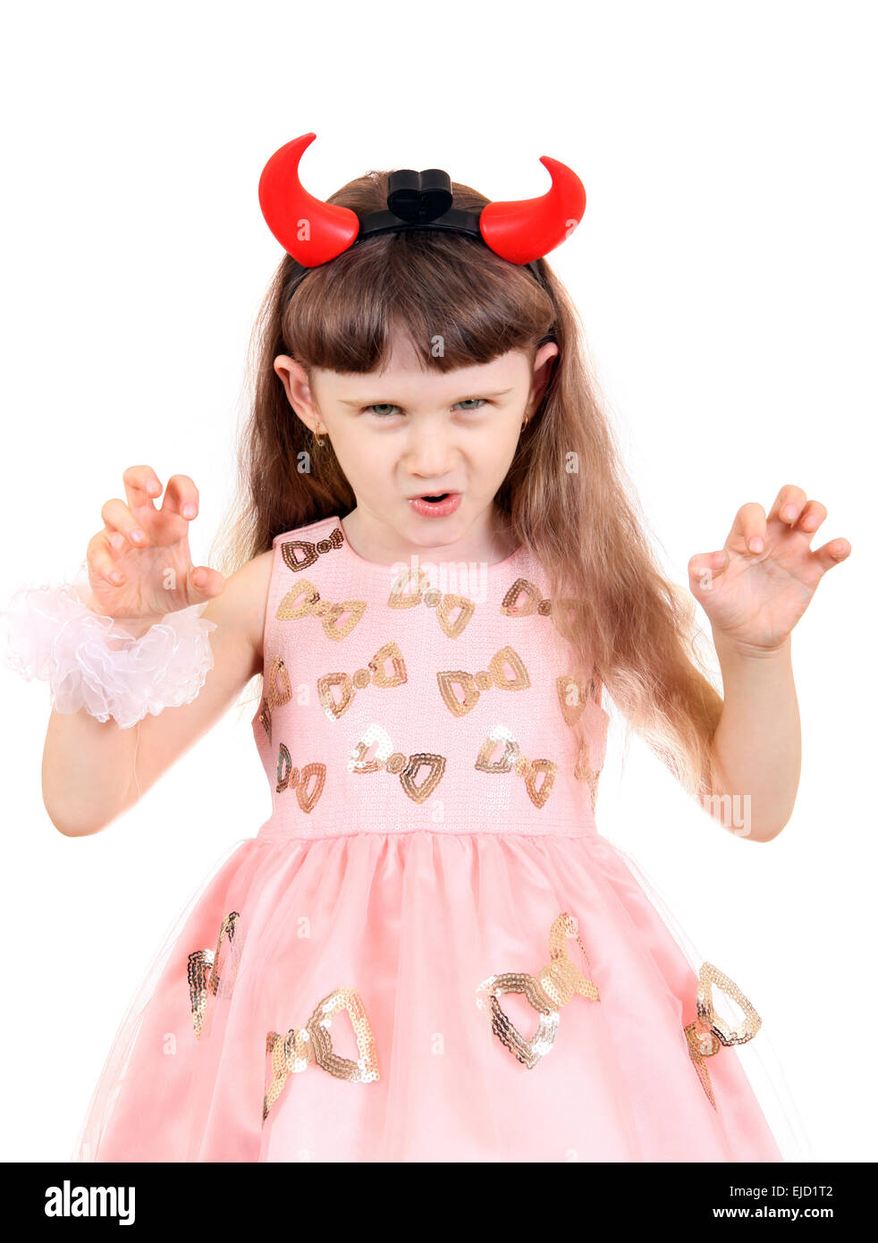 Bambina con il diavolo corna Foto Stock