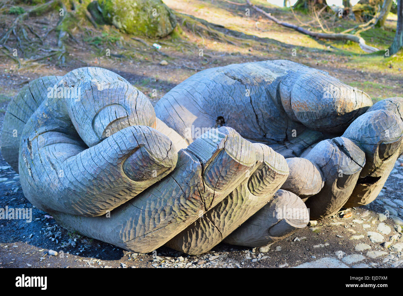 Affidare a mano in legno scultura da John Merrill sul lato di Derwentwater nel distretto del lago, Cumbria. Foto Stock