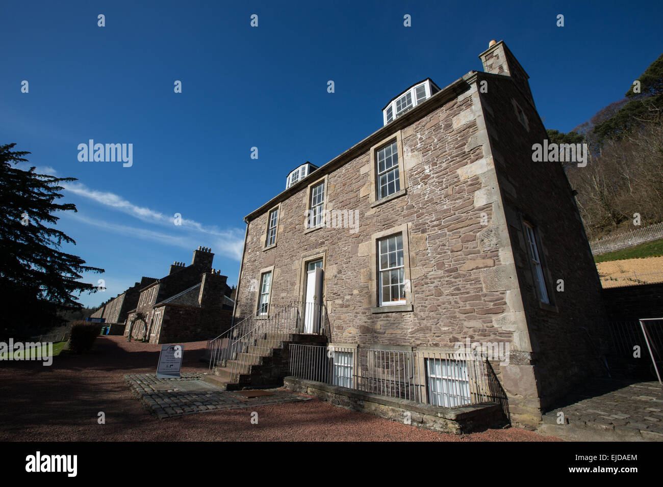 Robert Owen's mill, adesso sito del Patrimonio Mondiale dell'UNESCO, in New Lanark, Scotland, Regno Unito. Foto Stock