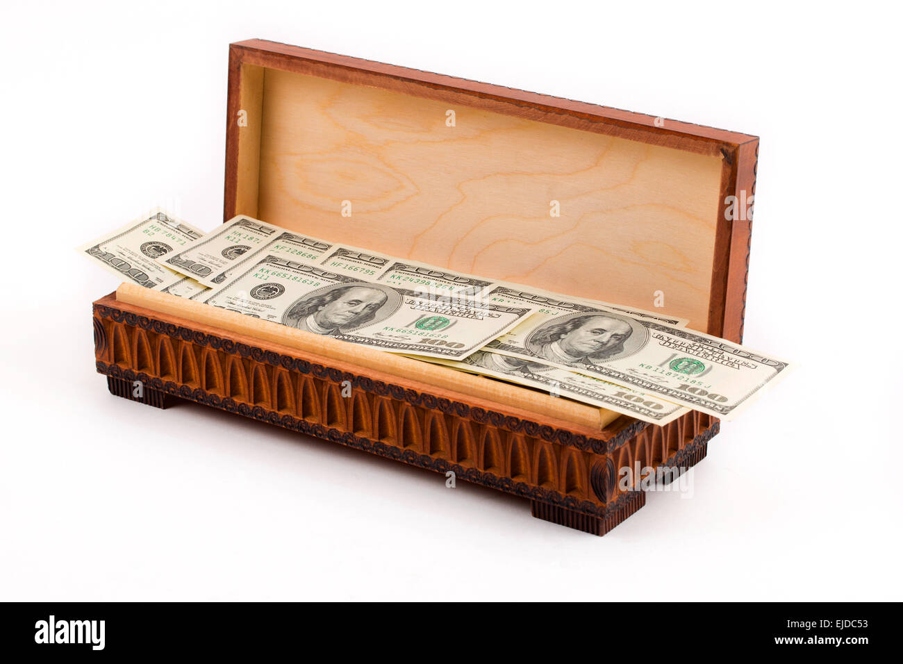 Scatola piena di dollari americani Foto Stock