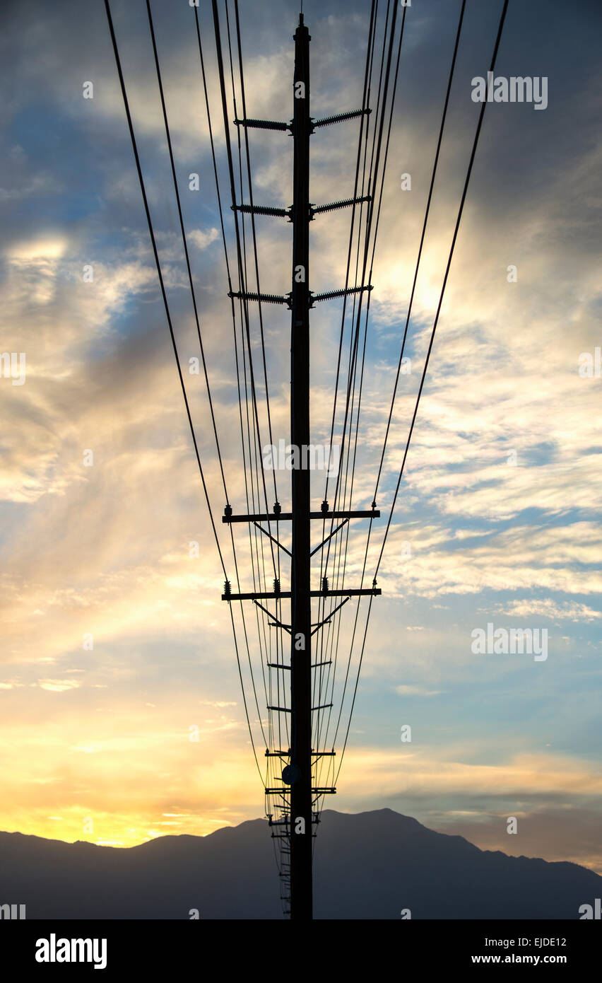 Una linea di pali del telegrafo stretching nella distanza. Foto Stock