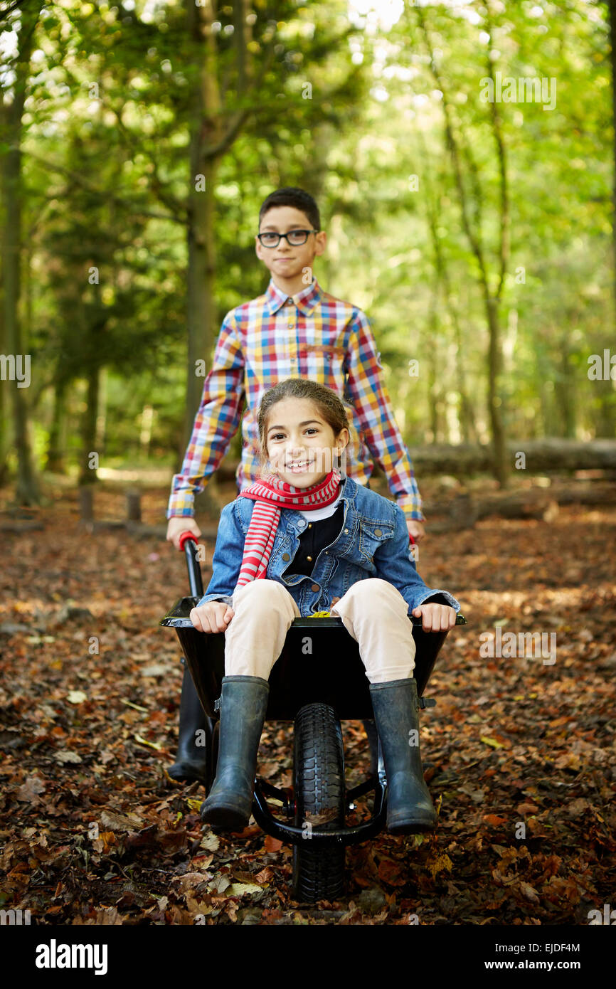 Boschi di faggio in autunno. Due bambini, fratello e sorella, una ragazza seduta in una carriola. Foto Stock
