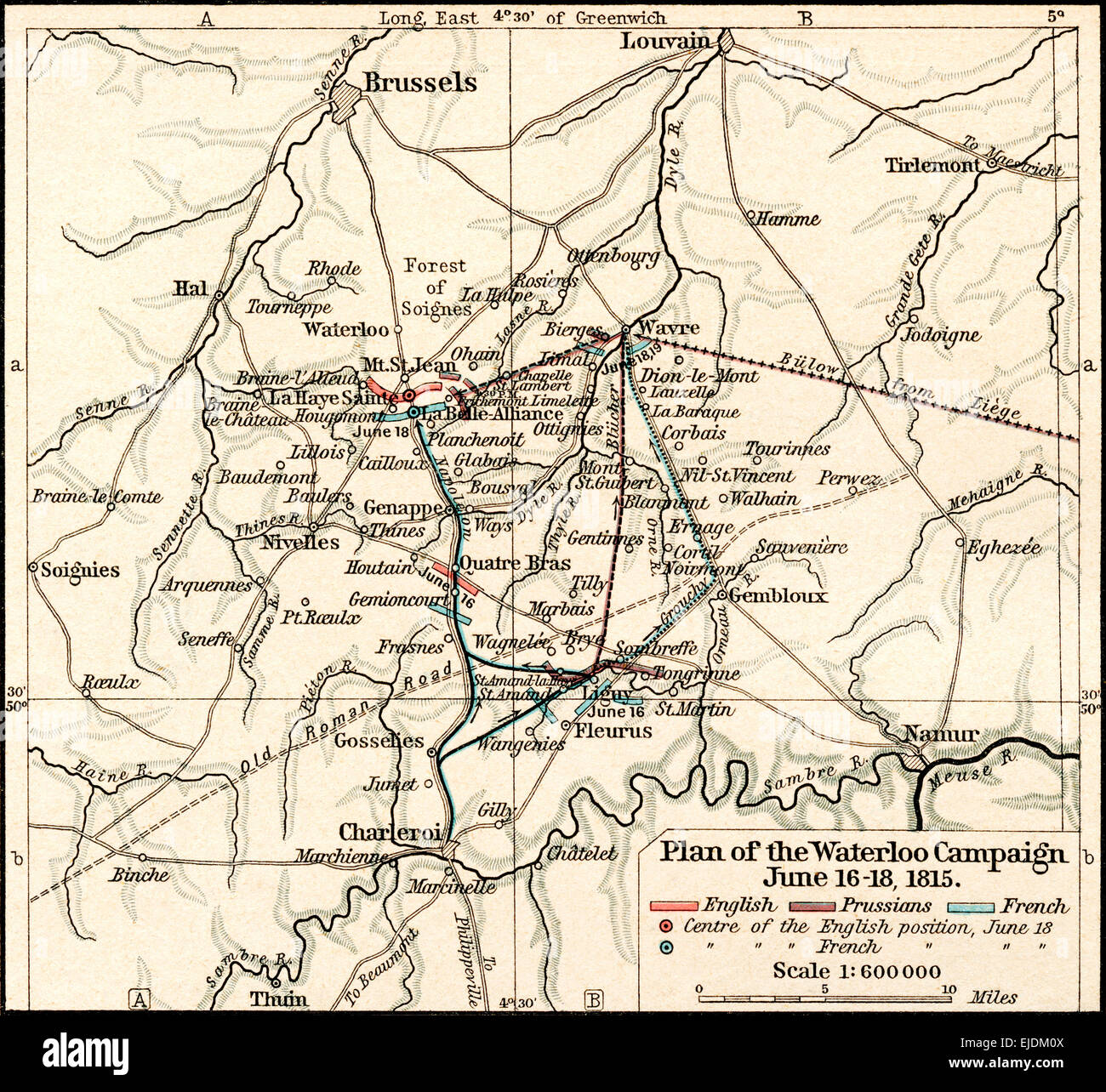 Piano di campagna di Waterloo, Giugno 16-18, 1815. Dall' atlante storico, pubblicato 1923. Foto Stock