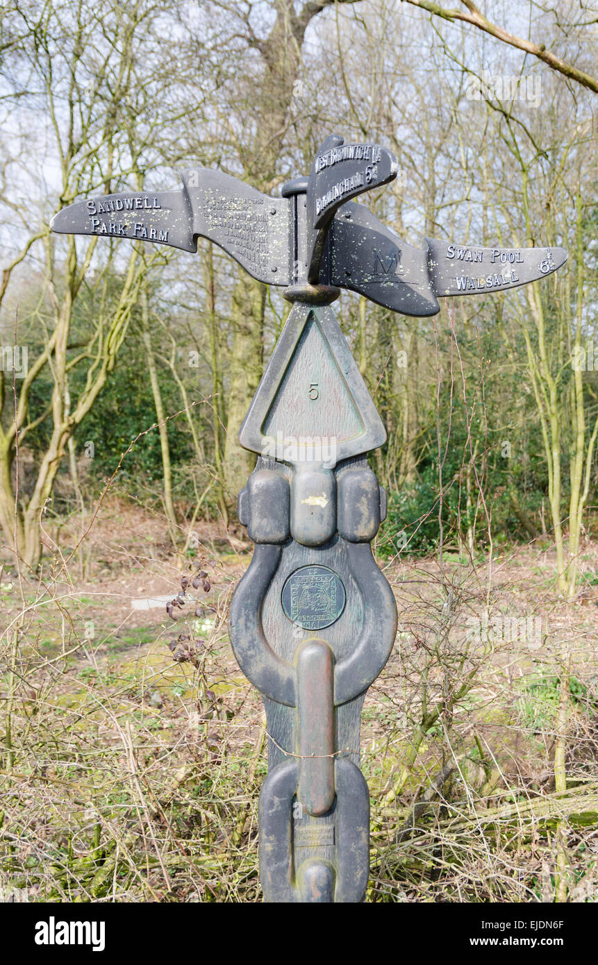 Direzione insolita segno posto nel priorato dei boschi, Sandwell Valley Country Park Foto Stock