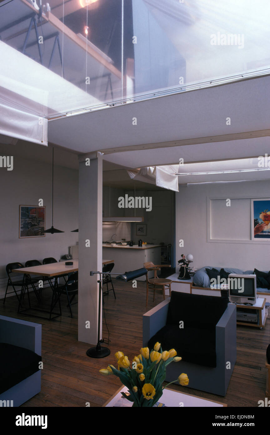 Soggiorno a piano aperto spazio nella Parigi degli anni novanta conversione loft Foto Stock