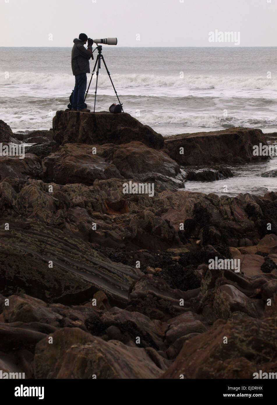 Sport fotografo in piedi su rocce con lenti molto grandi di fotografare i surfisti, Bude, Cornwall, Regno Unito Foto Stock