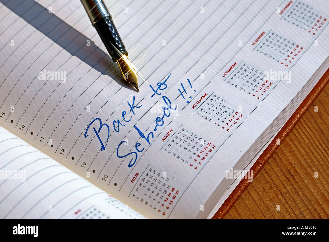 Aprire il diario con una penna stilografica che scrivere per tornare a scuola. Foto Stock