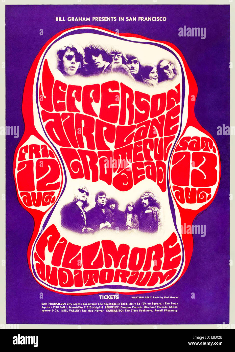 Poster per la1966 Jefferson Airplane e Grateful Dead concerto al Fillmore Auditorium di San Francisco, Stati Uniti d'America disegnato da Wes Wilson. Foto Stock