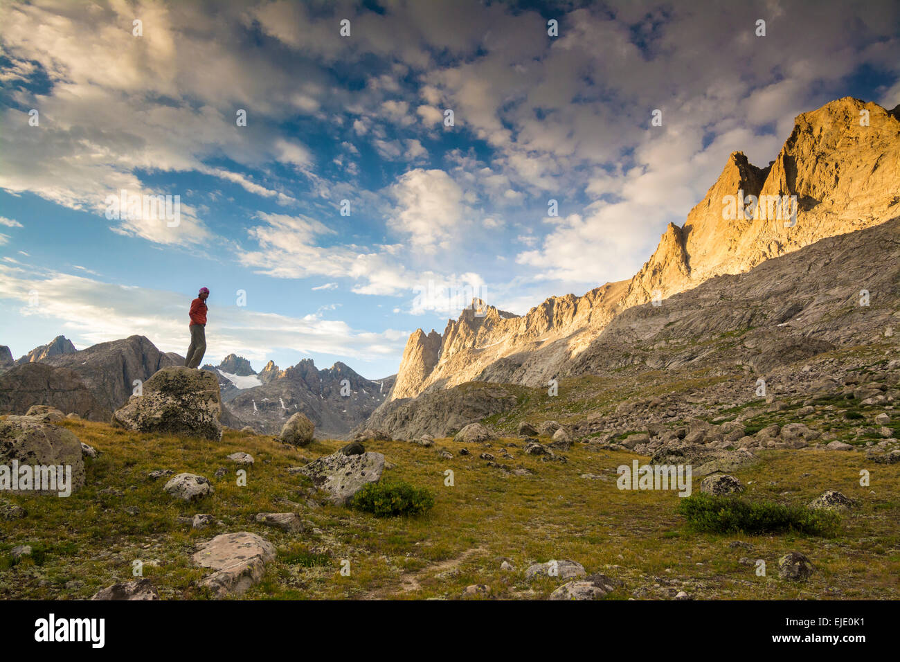Donna escursionista in bacino Titcomb, Wind River Range, Pinedale, Wyoming. Foto Stock