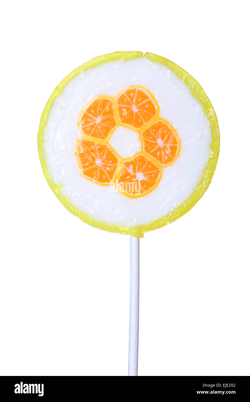 Arancione come lollipop su sfondo bianco Foto Stock