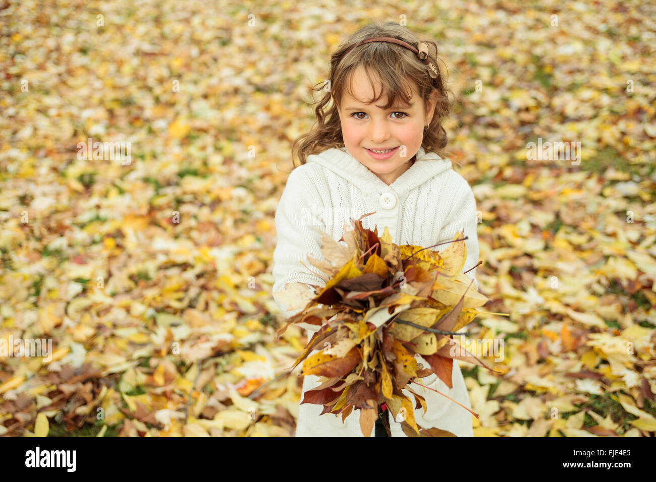 Bambina con foglie di autunno Foto Stock