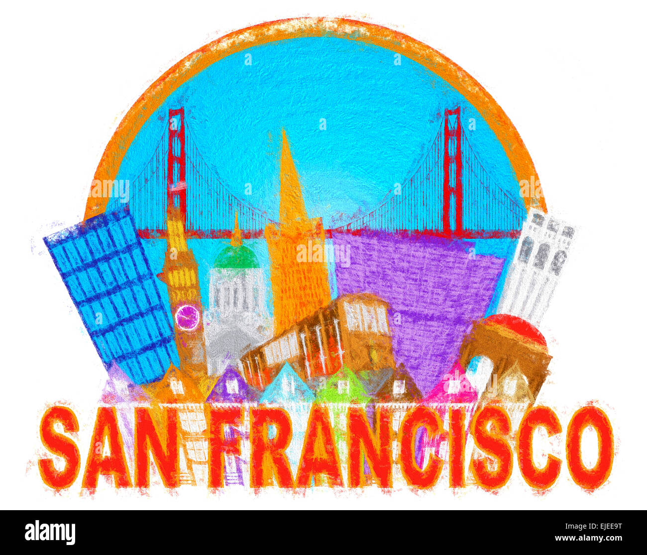 San Francisco Cailfornia Abstract Downtown skyline della città con il Golden Gate Bridge e macchina di cavo isolato su sfondo bianco Impre Foto Stock