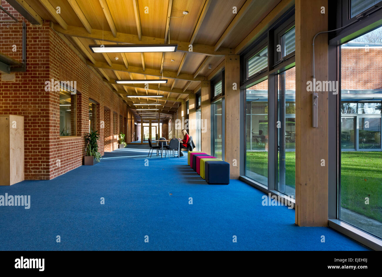 Interna inferiore concourse accanto al cortile. Tom Wheare Scuola di musica, Blandford, Regno Unito. Architetto: Hopkins architetti Pa Foto Stock