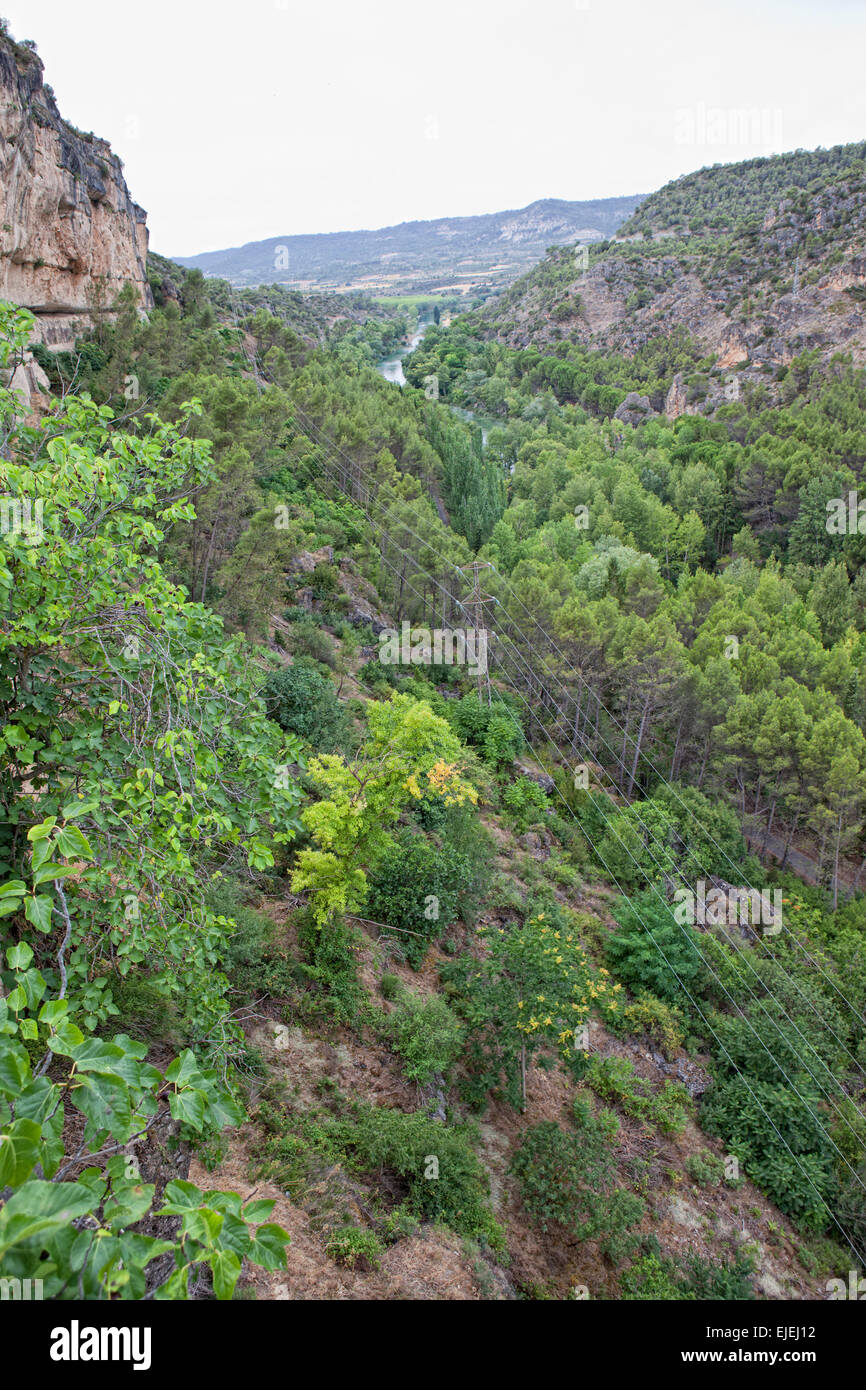 Cavi elettrici accanto al fiume Tago dalla diga idroelettrica di La Alcarria, Sacedon, Guadalajara, Spagna Foto Stock