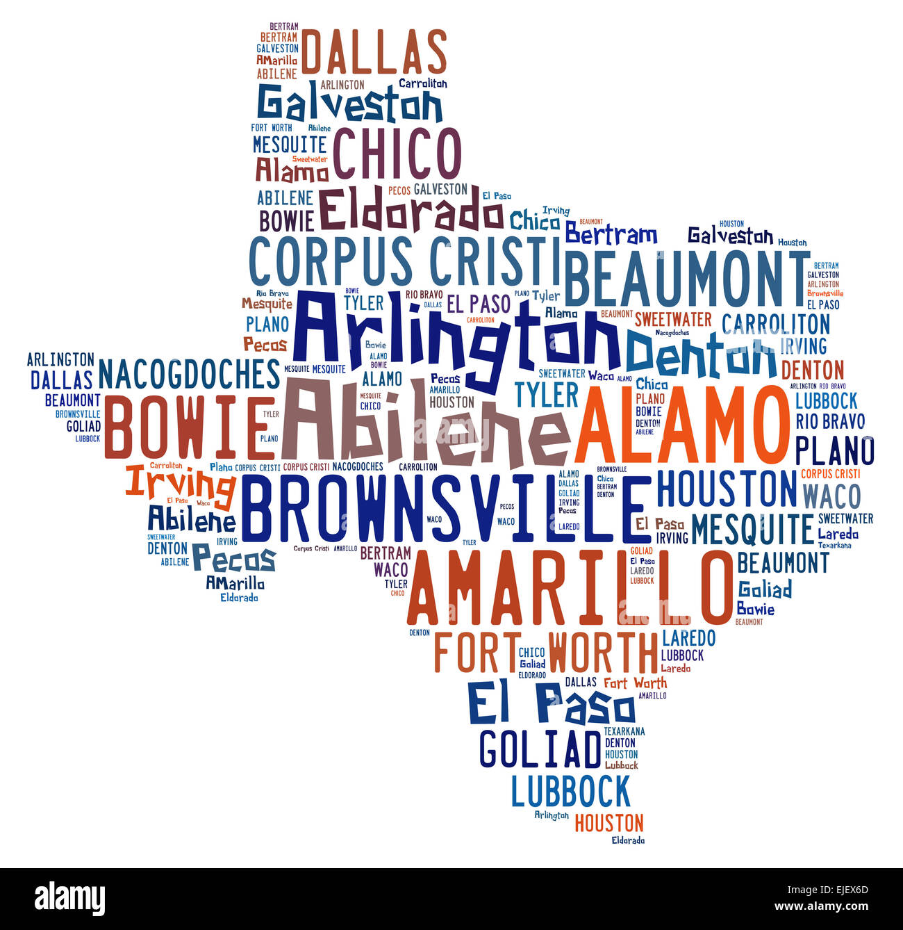 La parola a forma di nuvola come Texas con i nomi di città trovata in Texas Foto Stock