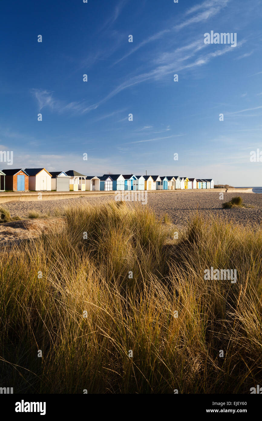 Cabine sulla spiaggia, a Chapel Point, cappella di St. Leonards, Lincolnshire. Marzo 2015. Foto Stock