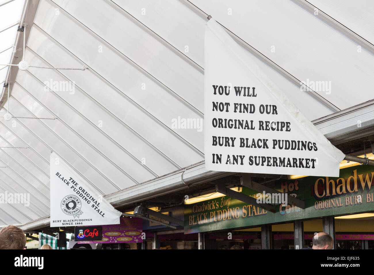 Black Pudding segno a Bury mercato in Greater Manchester Foto Stock