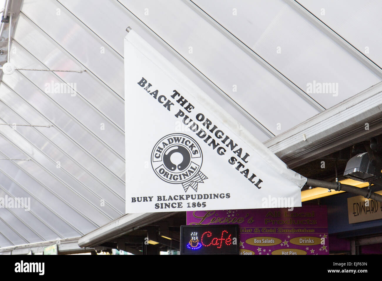Black Pudding segno a Bury mercato in Greater Manchester Foto Stock