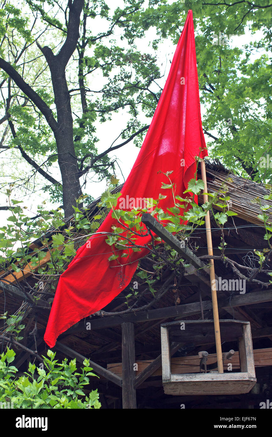 Bandiera rossa sul cottage in foresta Foto Stock