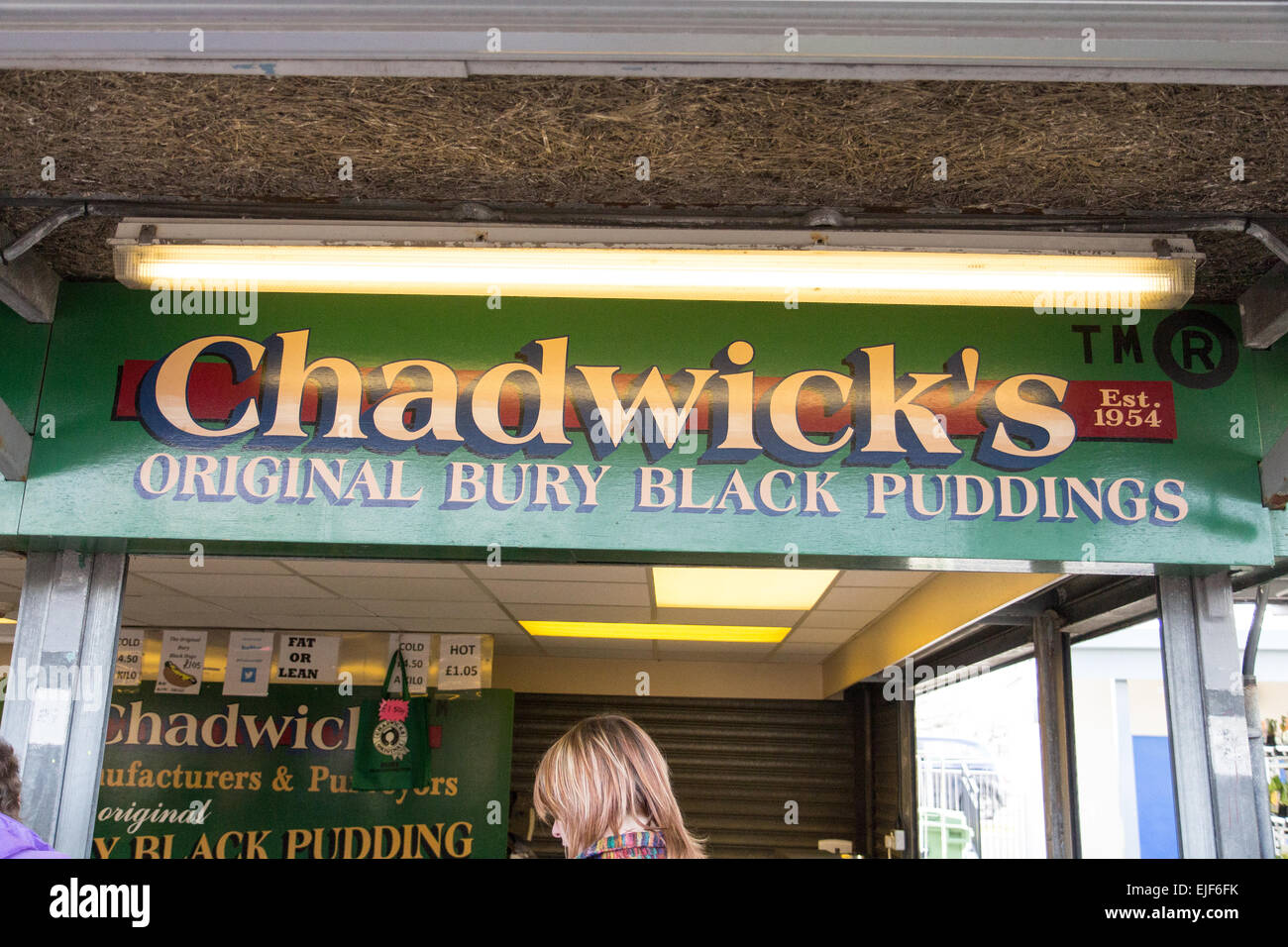 Black Pudding segno a Bury mercato in Greater Manchester Foto Stock
