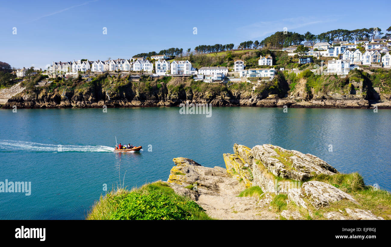 Vedute sul fiume a Fowey dal blocco Polruan House Cornwall Inghilterra UK Europa Foto Stock