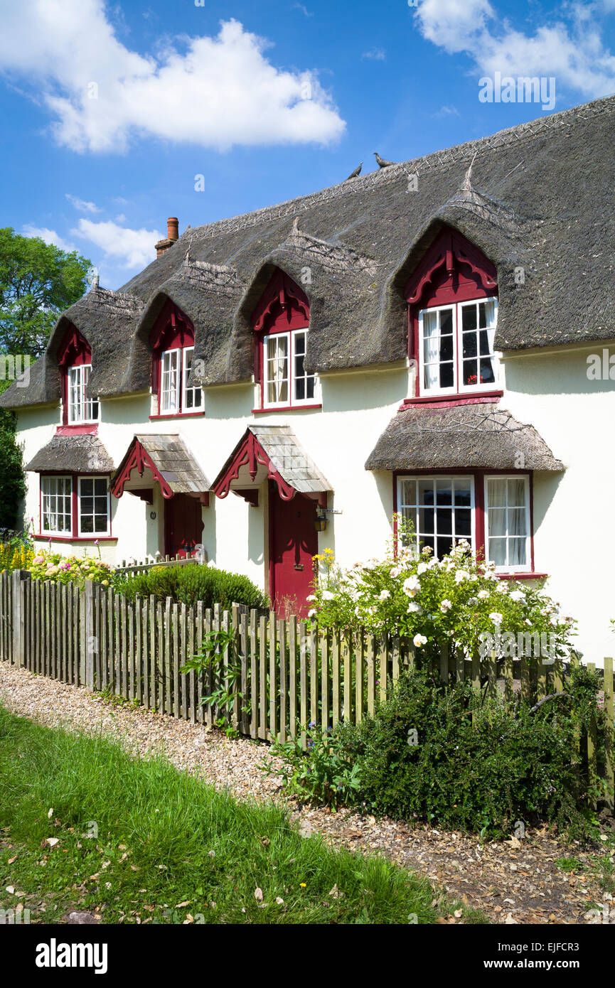 Abbaini e tetto di paglia del tipico paese pittoresco cottage a casa di Powderham nel South Devon, Inghilterra, Regno Unito Foto Stock