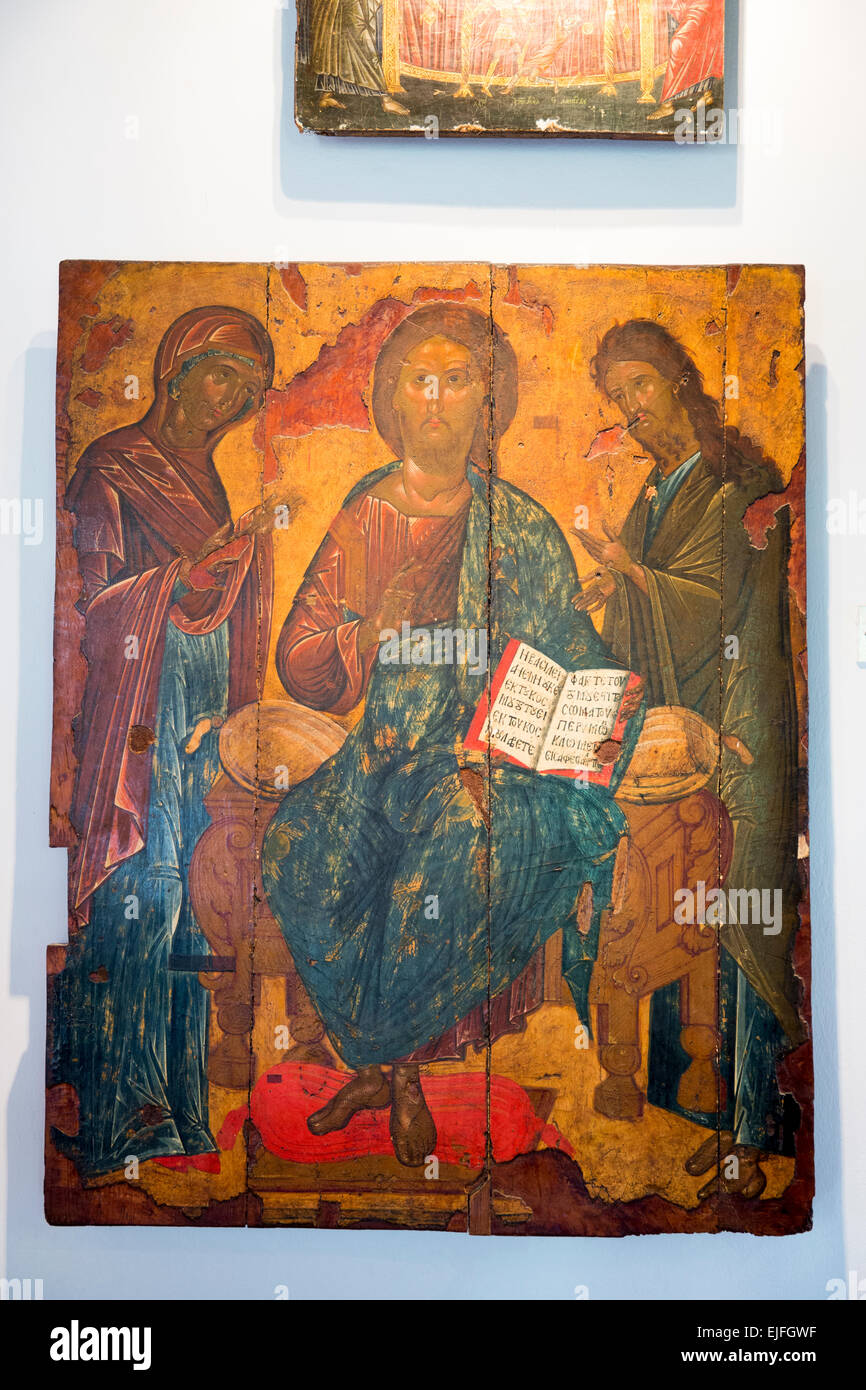 Ornato religiose greco-ortodosse pittura iconica di Gesù Cristo nella galleria al monastero di Paleokastritsa di Corfù, Grecia Foto Stock